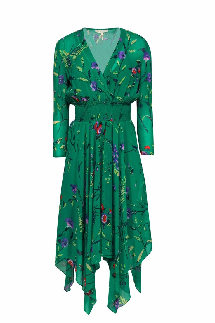 Current Boutique-Maje - Green Long Sleeve Floral Print Dress Sz L Green Printed Maxi Floral Dress, Green Printed Midi Dress For Garden Party, Garden Party Green Printed Midi Dress, Spring Floral V-neck Dress With Vibrant Print, Green Tropical Print Summer Midi Dress, Green Spring Maxi Dress With Vibrant Print, Spring Green Maxi Dress With Vibrant Print, Summer Midi Dress With Vibrant Green Print, Green Maxi Dress With Vibrant Print For Brunch