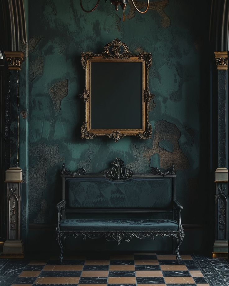 an empty room with a bench, mirror and chandelier