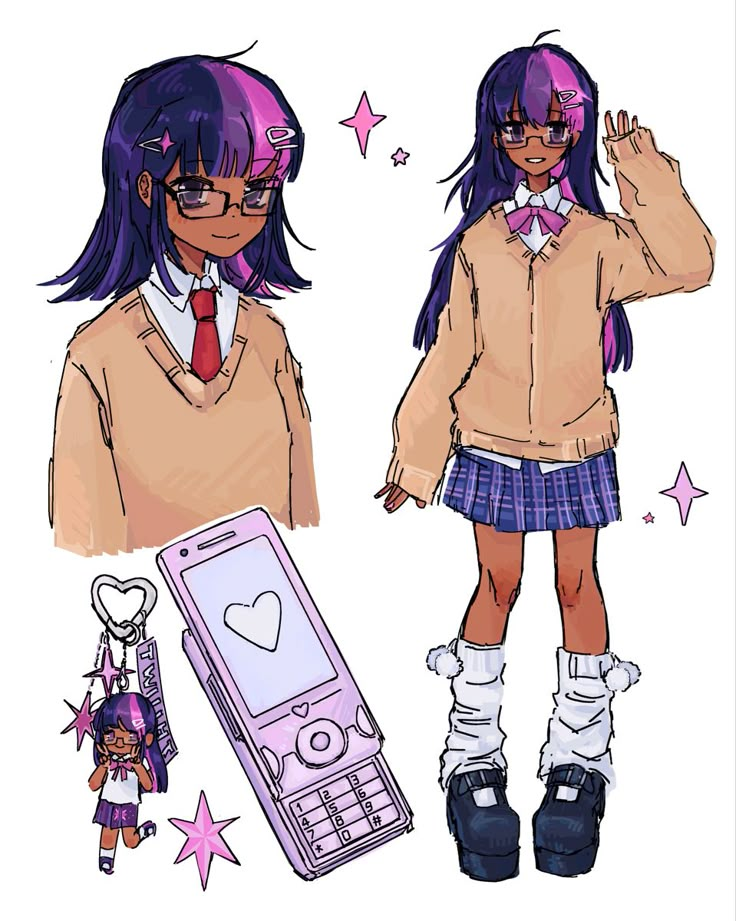 a drawing of a girl with purple hair and glasses next to an old cell phone