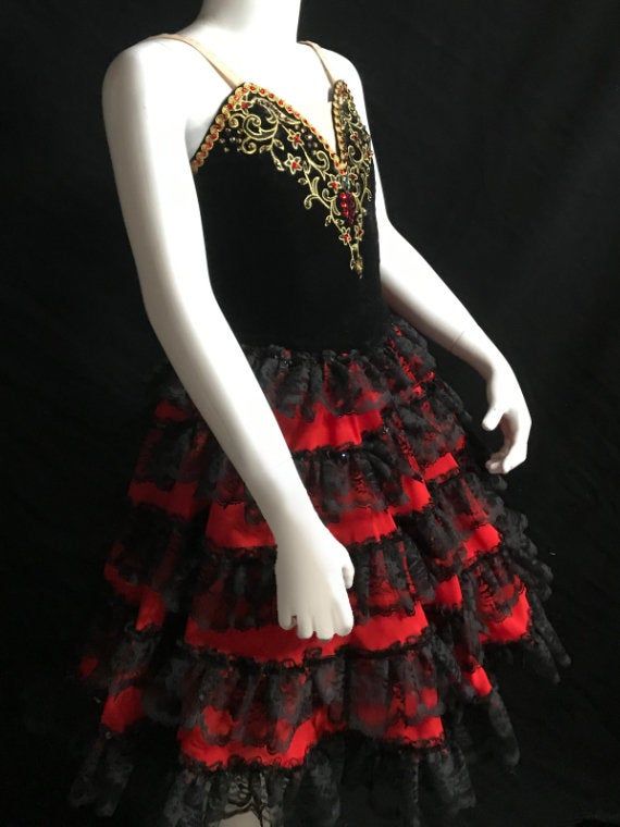 "Ballet Dress - Professional Ballet dress. Spanish Style Ballet dress. Can be used for \"Don Quijote\". The bodice is made of semi-stretch black velvet with lining. Decorated with clear, red and gold rhinestones. inside skirt layer is tulle and top layer is chiffon with lace ruffles. The bodice has two rows of hooks for comfortable adjustment. This is a custom made order. It will take 2-3 weeks to complete. We will need your body measurements in order to get started. Please see photos for how to Red Velvet Gala Dress, Fitted Black Velvet Dress For Gala, Red Stretch Dress For Costume Party, Gold Fitted Dress For Dance, Gold Fitted Dance Dress, Red Velvet Dress With Fitted Bodice, Black And Red Ice Skating Dress, Red Ballet Dress, Black And Red Jazz Dance Costume