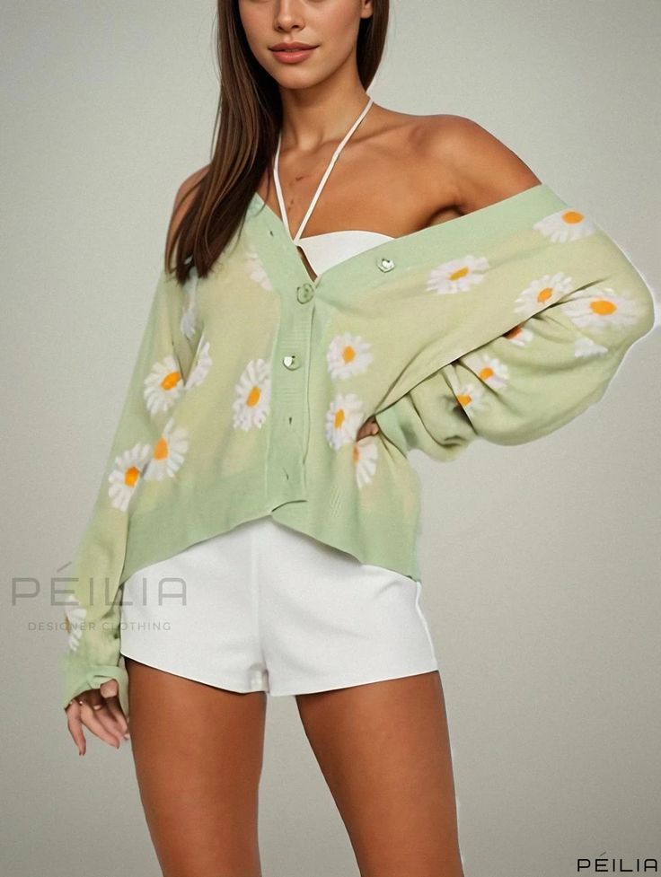 Peilia - Daisy Patterned V-Neck Button-Up Cardigan: Chic Long Sleeve Sweater for Women Green V-neck Cardigan For Spring, Green V-neck Sweater For Spring, Spring V-neck Sweater With Button Closure, Green V-neck Sweater With Button Closure, Green V-neck Spring Sweater, Green V-neck Cardigan With Buttons, Green V-neck Cardigan For Day Out, V-neck Cardigan With Buttons For Day Out, Spring V-neck Outerwear With Button Closure