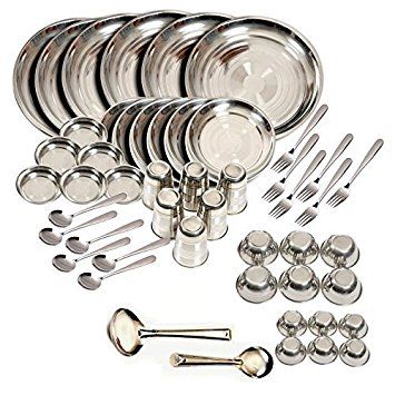 a set of stainless steel dinnerware and utensils