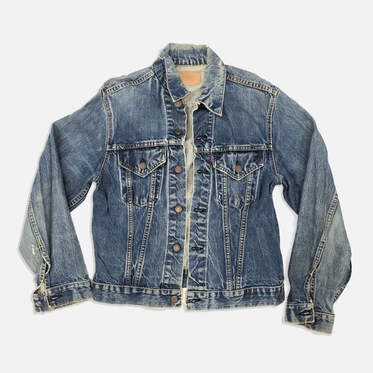 Levi’s denim big E jacket 1950-70s Size: no size listed/fits like large Chest-20” shoulder-6” sleeve-23” top to bottom-22” Vintage Long Sleeve Denim Jacket For Fall, Vintage Dark Wash Outerwear For Spring, Classic Pre-washed Denim Jacket For Fall, Vintage Denim Jacket For Fall, Vintage Levi's Blue Outerwear, Vintage Blue Levi's Outerwear, Levi's Vintage Denim Jacket For Winter, Vintage Distressed Long Sleeve Denim Jacket, Vintage Distressed Denim Jacket With Long Sleeves