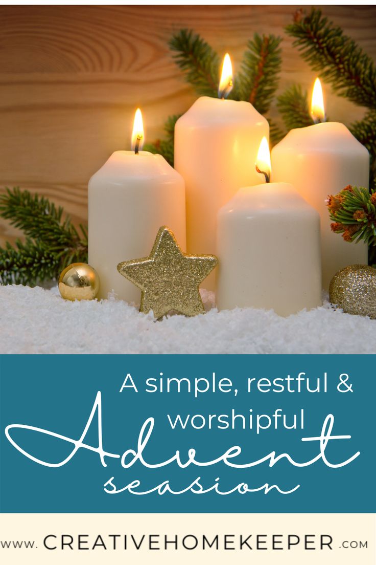 three white candles with christmas decorations around them and the words, a simple rest & worshipful adult season