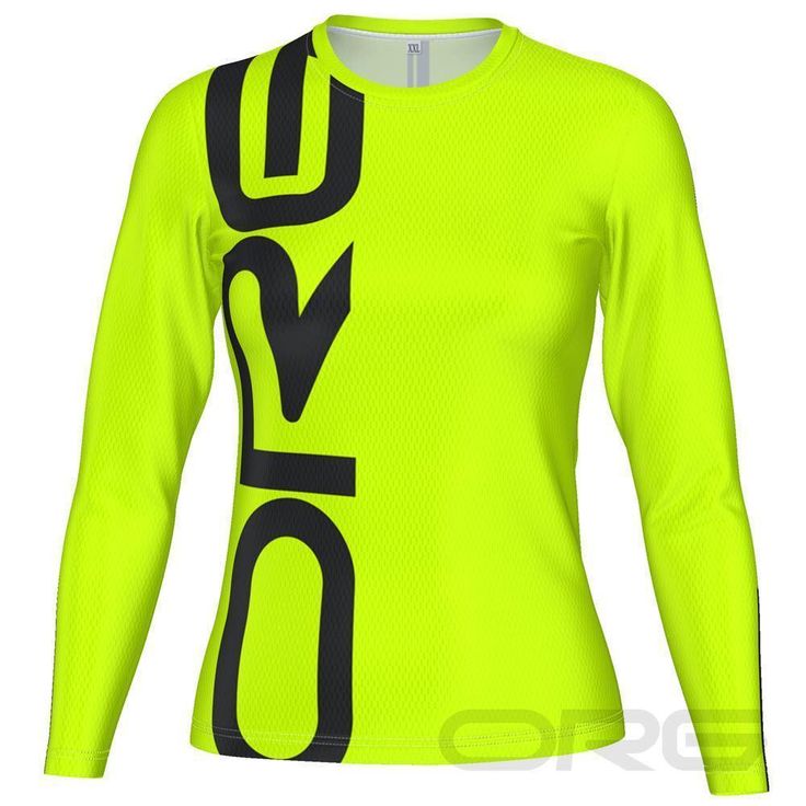 a women's long sleeved shirt in neon yellow with black letters on the chest