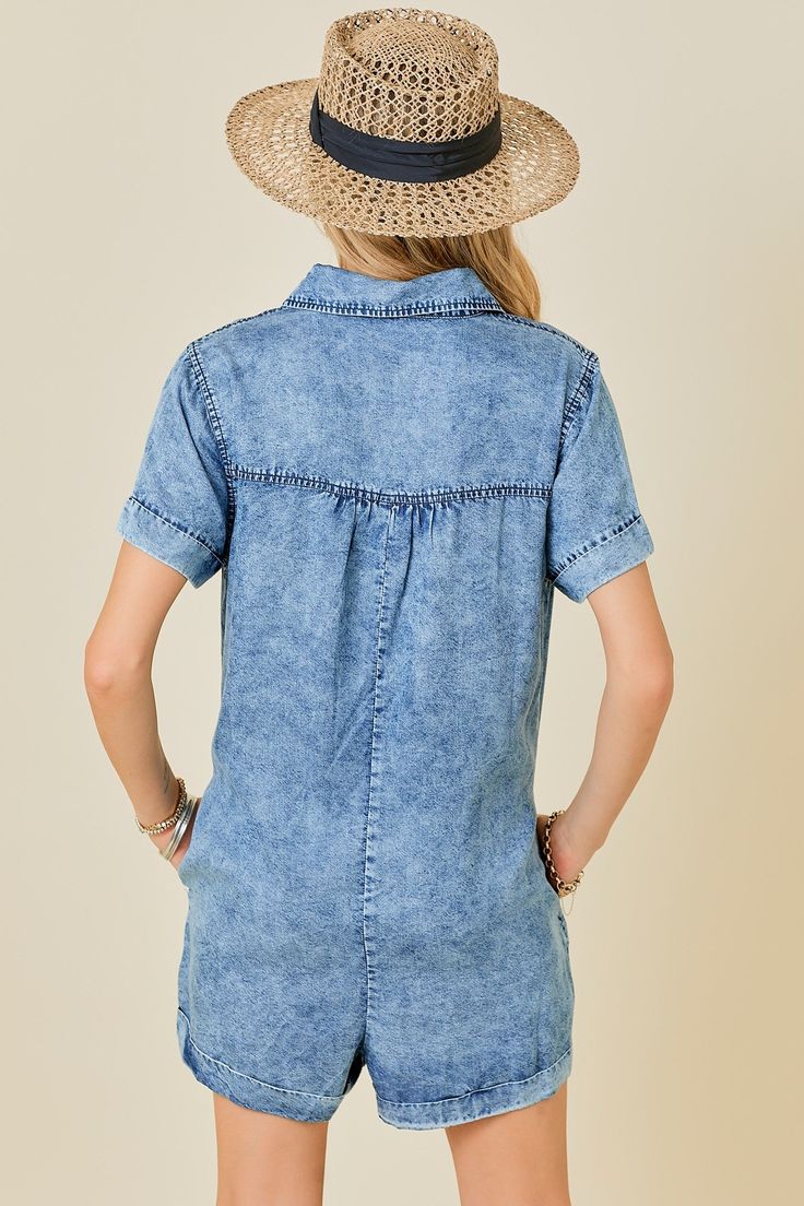 Introducing our Washed Tencel Denim Shirt Romper, the epitome of cool girl style. With a button front, pockets, and loose fit, this romper combines the comfort of a shirt with the ease of a romper. Made from Tencel denim, it's perfect for a casual look. Spring Light Wash Button-up Denim Top, Spring Light Wash Collared Denim Top, Medium Wash Button-up Denim Top With Buttoned Pockets, Summer Medium Wash Button-up Denim Top, Light Wash Denim Top With Buttoned Pockets, Summer Chambray Collared Denim Top, Button-up Denim Top For Summer Day Out, Summer Button-up Denim Top For Day Out, Relaxed Fit Light Wash Denim Top For Day Out