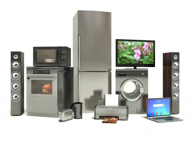 an assortment of electronic devices and appliances displayed in front of a computer monitor on a white background