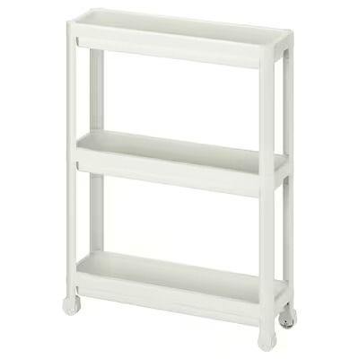 a white shelf with two shelves on each side and wheels in the bottom, one is empty