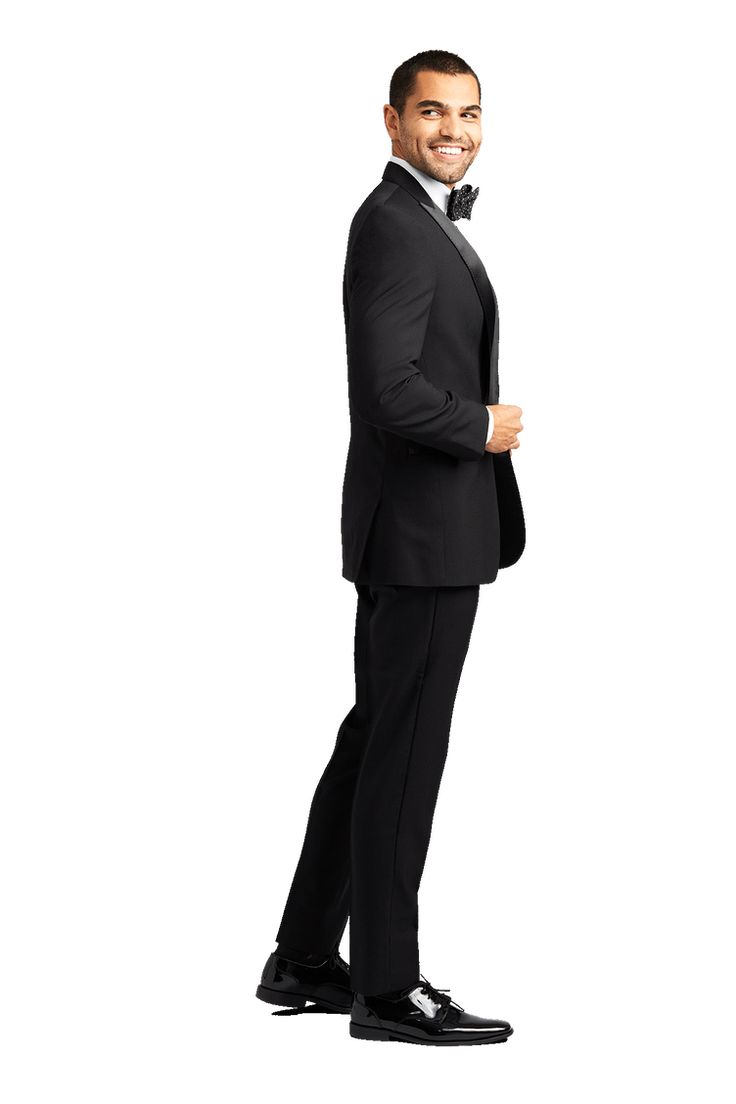 A slim black tuxedo with one button and a peak lapel. Notch Lapel Tuxedo For Black-tie Events, Black Tuxedo With Pressed Crease For Evening, Black Evening Tuxedo With Pressed Crease, Sleek Notch Lapel Tuxedo For Black-tie Events, Black Double Breasted Suit With Notch Lapel For Evening, Black Tuxedo With Notch Lapel For Evening, Black Tuxedo Suit For Evening, Black Notch Lapel Tuxedo For Evening, Classic Black Double Breasted Suit For Evening