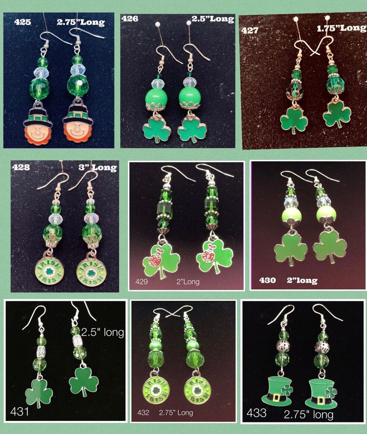 "Earrings - St. Patrick's  Day Earrings Jewelry -Item# 425-433  (Wire Or Clip On's Closure) Price of each $ 4.00+one of each style in stock only‼️ St. Patrick's  Day Earrings - All Earrings have a Wire Ear Closure, they are also crafted for clip on's, please specify in order notes for this change. These St. Patrick's Day earrings are made with White Pearls, glass beads and glass seed beads in colors of crystal, white, and green. These earrings hang from 20 gauge silver ear wires and measure appr St Patrick's Day Earrings, St Patricks Day Earrings Diy, St Patricks Day Earrings, Diy Jewelry Earrings, Diy Jewlery, Jewelry Making Earrings, Crystal White, Making Earrings, Saint Patrick