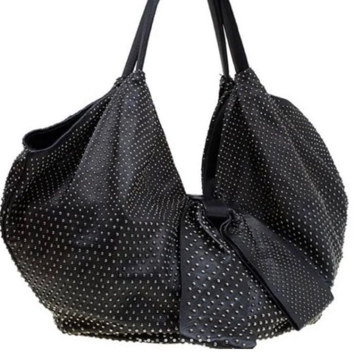 Valentino Rare Studded 360 Bow Hobo Black Bag Nappa Leather Rare $2695 Designer Large Capacity Shoulder Bag For Evening, Designer Evening Bucket Bag With Large Capacity, Designer Bucket Bag For Evening With Large Capacity, Designer Large Capacity Satchel For Evening, Designer Large Capacity Bucket Bag For Evening, Luxury Shoulder Bag With Gunmetal Hardware And Double Handle, Luxury Large Capacity Crossbody Hobo Bag, Large Capacity Leather Evening Bags, Luxury Large Capacity Hobo Bag For Errands