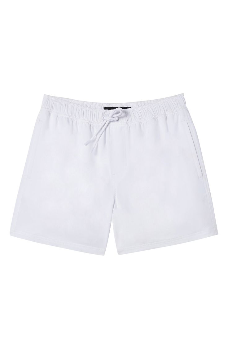 Soak up the sun or take a dip in these cool swim trunks crafted from easy-moving stretch fabric. Elastic/drawstring waist Mesh lined Side pockets; key loop pocket 92% polyester, 8% elastane Machine wash, line dry Imported Cotton Beachwear Athletic Shorts, Cotton Swim Trunks For Vacation, White Nylon Swim Trunks For Beach Season, Cotton Swimwear With Pockets For Summer, Summer Cotton Swimwear With Pockets, Casual Swim Trunks With Elastic Waistband For Pool, Casual Beach Swim Trunks With Side Pockets, Casual Swimwear With Side Pockets For Beach Season, White Drawstring Swimwear For Summer