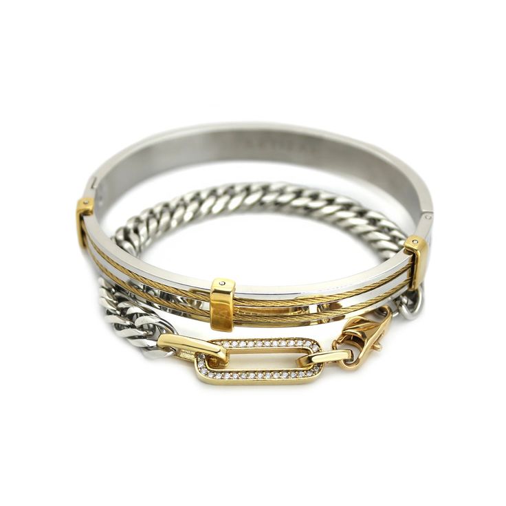 The Ischia Stack, a two-piece gold and silver bracelet stack featuring a gold bangle with textured detailing and a silver chain bracelet with a diamond-like encrusted clasp. Gold And Silver Bracelets, Gold Plated Bangles, Classy Jewelry, Stacked Jewelry, Jewelry Lookbook, Jewelry Inspo, Metal Bracelets, Polish Jewelry, Exquisite Jewelry