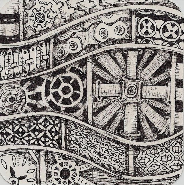 an intricately designed clock is shown in this black and white drawing by artist michael strick