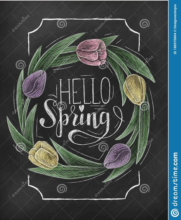 chalkboard with the words hello spring written in it