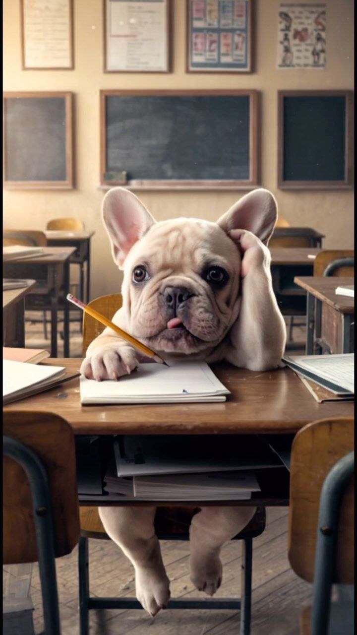 a dog sitting at a desk with his head resting on a book and pencil in it's mouth