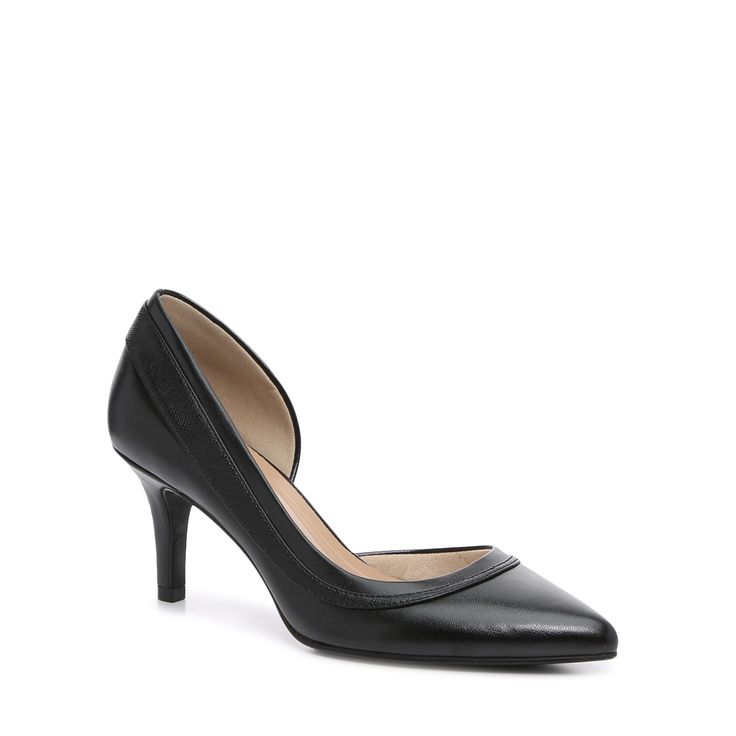 Flaunt your sophisticated style with these women's Kelly & Katie Shenna black mid heel dress pumps. Sporting a pointed toe, these partial d'Orsay pumps come with synthetic upper, slip-on fit, mesh & synthetic lining, padded footbed for comfort, covered heel, and durable synthetic sole. | Kelly & Katie Women's Shenna D'orsay Pump in Black Size 5 Medium Sleek Kitten Heels With 4-inch Heel For Spring, Fitted Kitten Heels For Spring Workwear, Spring Workwear Fitted Kitten Heels, Sleek Fitted Spring Kitten Heels, Elegant Medium Width Synthetic Court Shoes, Spring Office Kitten Heels With 4-inch Heel, Spring Kitten Heels For Office With 4-inch Heel, Spring Kitten Heels With Padded Heel For Work, Classic Kitten Heels For Business In Spring