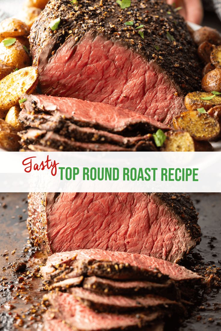 roast beef with potatoes on the side and text overlay that reads easy top round roast recipe