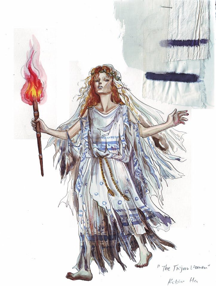 a drawing of a woman holding a torch and wearing a dress with feathers on it