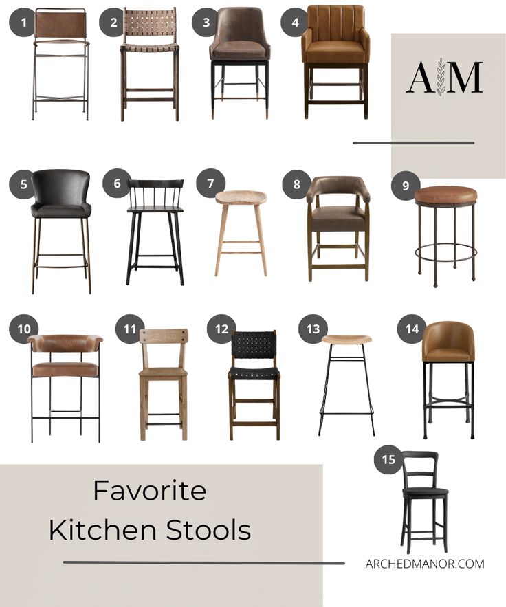 chairs and stools that are labeled in different styles