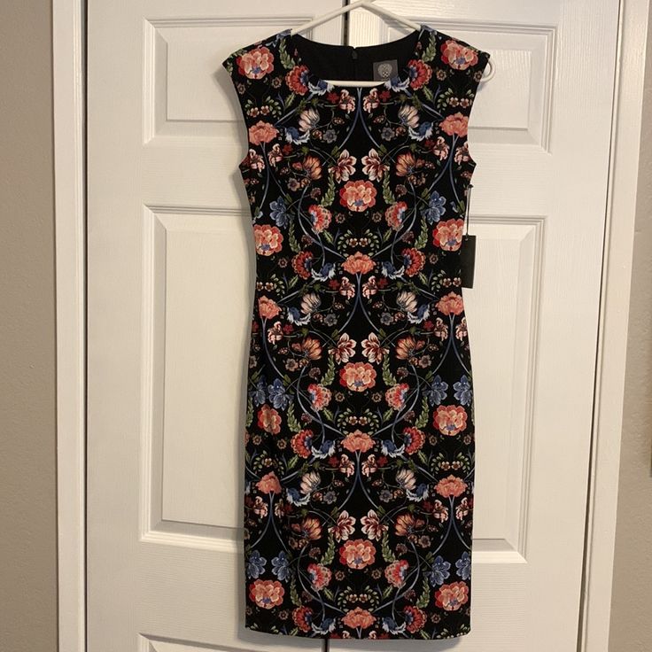 Beautiful Floral Sheath Dress Vince Camuto New With Tags 17” Armpit To Armpit 39” Full Length Black Floral Print Sheath Midi Dress, Black Sheath Midi Dress With Floral Print, Purple Velvet Dress, Womens Wrap Dress, Sleeveless Wrap Dress, Vince Camuto Dress, Floral Sheath Dress, Cowl Neck Long Sleeve, Floral Shift Dress