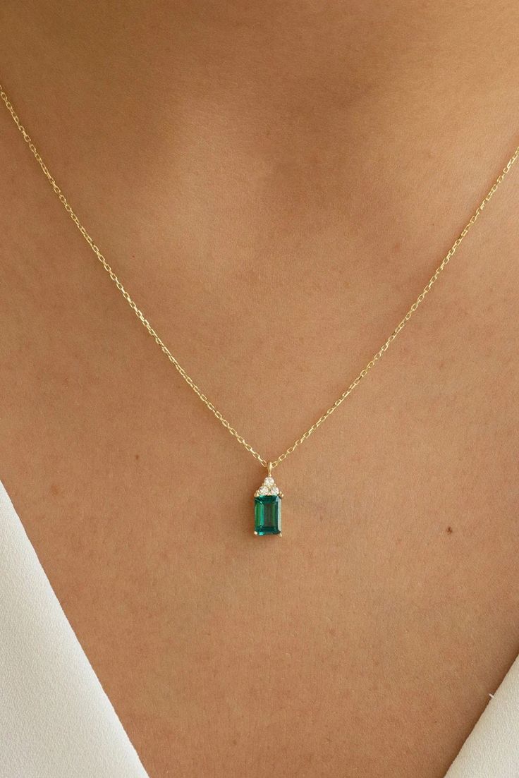 Gold Emerald Necklace, Yellow Gold Emerald Pendant, White Gold Emerald Charm, Rose Gold Emerald Jewelry, Emerald Cut Pendant - Etsy Gold Necklace With Emerald, Gold Emerald Bracelet, Emerald And Gold Necklace, Emerald Pendant Design, Gold And Green Necklace, Emerald And Gold Jewelry, Dainty Emerald Necklace, Simple Ruby Necklace Designs, Green Stone Pendant Gold