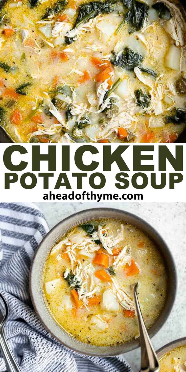 chicken potato soup with spinach and carrots in a bowl