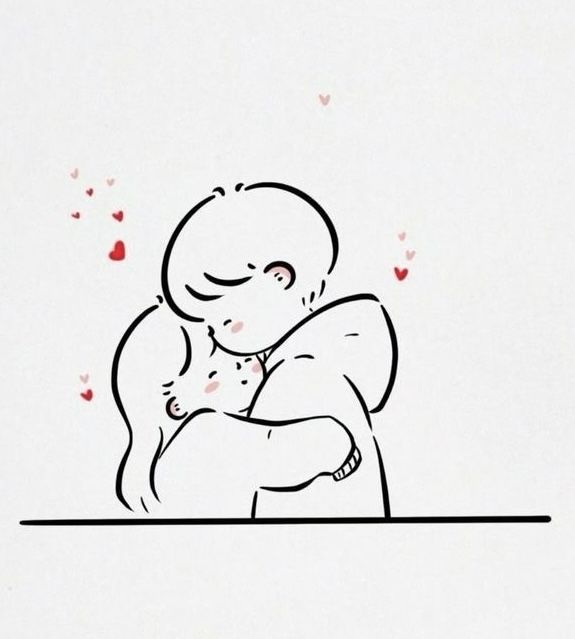 a drawing of a man holding a baby in his arms with hearts flying around him