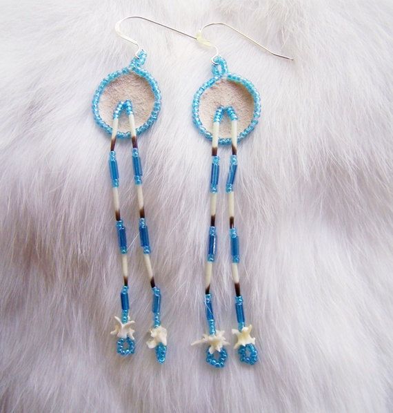 Blue Quill Snake Vertebrae seed bead earrings, White leather earrings, beaded earrings, long fringe earrings, statement earrings Vertebrae Earrings, Native American Inspired Earrings, Quill Earrings, Bead Hair, Shoulder Duster Earrings, Duster Earrings, Bead Hair Accessories, Earrings Patterns, White Deer