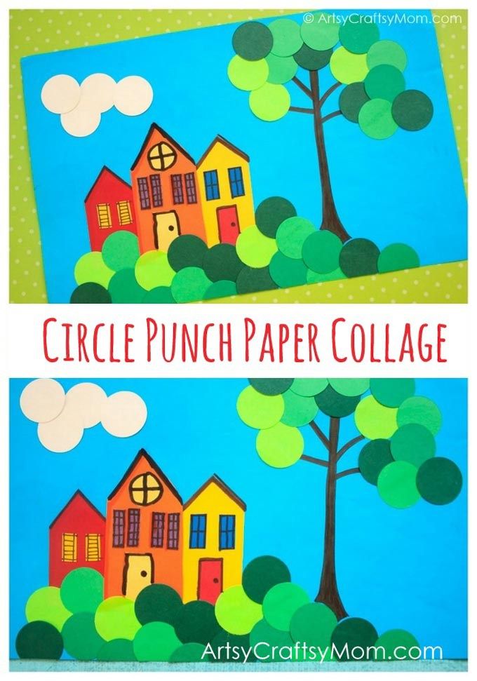 the paper collage has two houses and trees on it