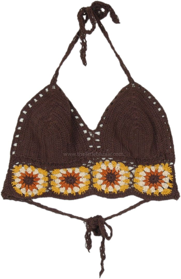 This handmade bohemian bra top is crafted from soft cotton crochet and comes in two sizes.  The top features a brown base with intricate crochet patterns in shades of yellow and beige, creating a visually appealing design. #tlb #Sleeveless #CrochetClothing #vacationclothing #beachwrap #bohemianfashion #Handmade #BohemianBralette #Crochettop #Cottontop Brown Cotton Crochet Top For Vacation, Fitted Bohemian Brown Crop Top, Brown Crochet Beach Top, Brown Crochet Top For Beach, Brown Crochet Top For Summer Vacation, Bohemian Brown Crochet Top For Festival, Beach Crochet Top In Brown, Beach Brown Crochet Top, Bohemian Brown Cotton Crop Top