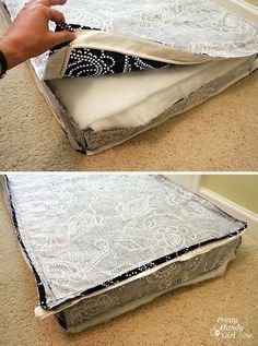 two pictures show how to make a diy fabric storage bag with zippers and lace