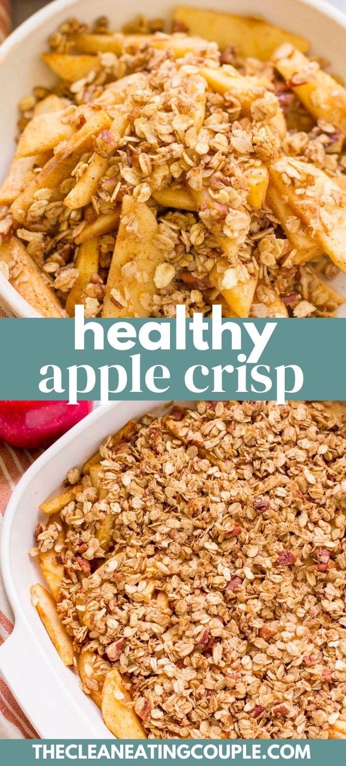 healthy apple crisp in a white dish with text overlay