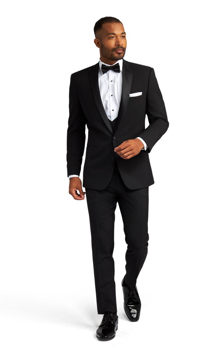 A slim black tuxedo with one button and a slightly rounded notch lapel. Wedding Tuxedo With Notch Lapel And Single Button, Black Tie Tuxedo Blazer With Notch Lapel, Black Tie Single Button Blazer With Notch Lapel, Black Tie Single Button Blazer, Notch Lapel Single Button Blazer For Black Tie, Single Button Notch Lapel Blazer For Black Tie, Wedding Tuxedo With Single Button, Black Single Breasted Tuxedo For Formal Occasions, Formal Black Single Breasted Tuxedo