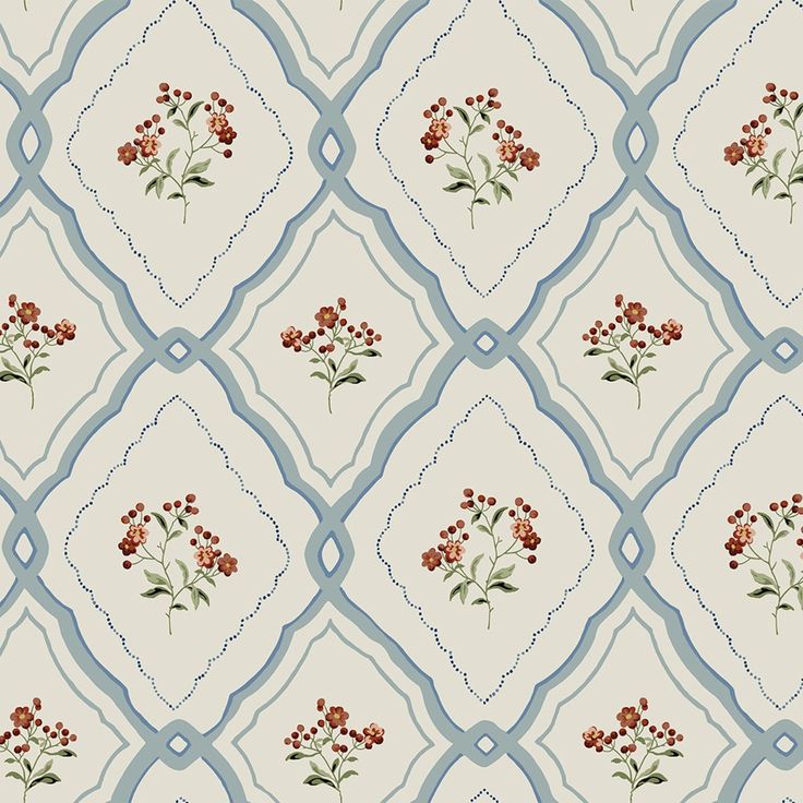 a wallpaper pattern with red flowers and blue trimmings on the edges,