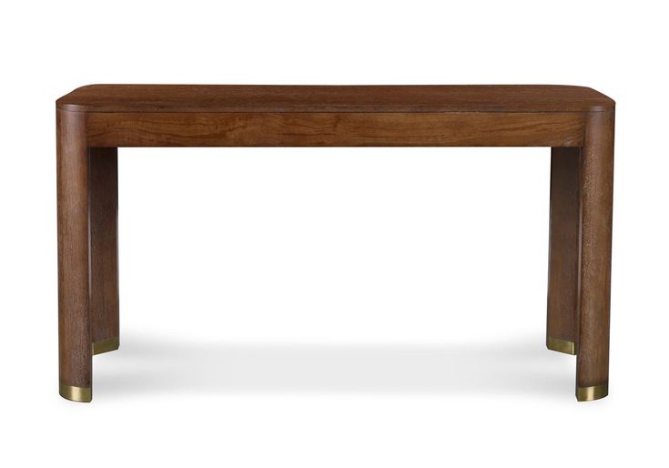 a wooden table with gold legs and a white background