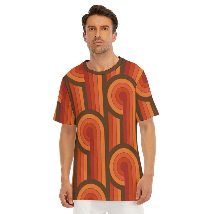 Retro T-Shirt Men, 100% Cotton T-shirt, Retro Shirt, 60s 70s Style Shirt, Men's Vintage Style Shirt, Orange Geometric Tshirt, Mod 60s TshirtDesigned in California, Handmade to order from overseasI designed this T-shirt for those who loves retro style t-shirts. It has a crew neckline and short sleeves. A comfortable 190 GSM 100% cotton material. A cool and unique mod 60s geometric print t-shirt in orange and brown, perfect with wide leg jeans, leather pants or any chino pants. Put a jacket over i Retro Orange Crew Neck T-shirt, Retro Brown Short Sleeve T-shirt, Retro Relaxed Fit Short Sleeve T-shirt, Retro Brown Short Sleeve Top, Brown Retro Short Sleeve Tops, Graphic Tee With Retro Print And Crew Neck, Graphic Tee T-shirt With Retro Print And Crew Neck, Graphic Tee With Crew Neck And Retro Print, Retro Graphic Crew Neck Tee