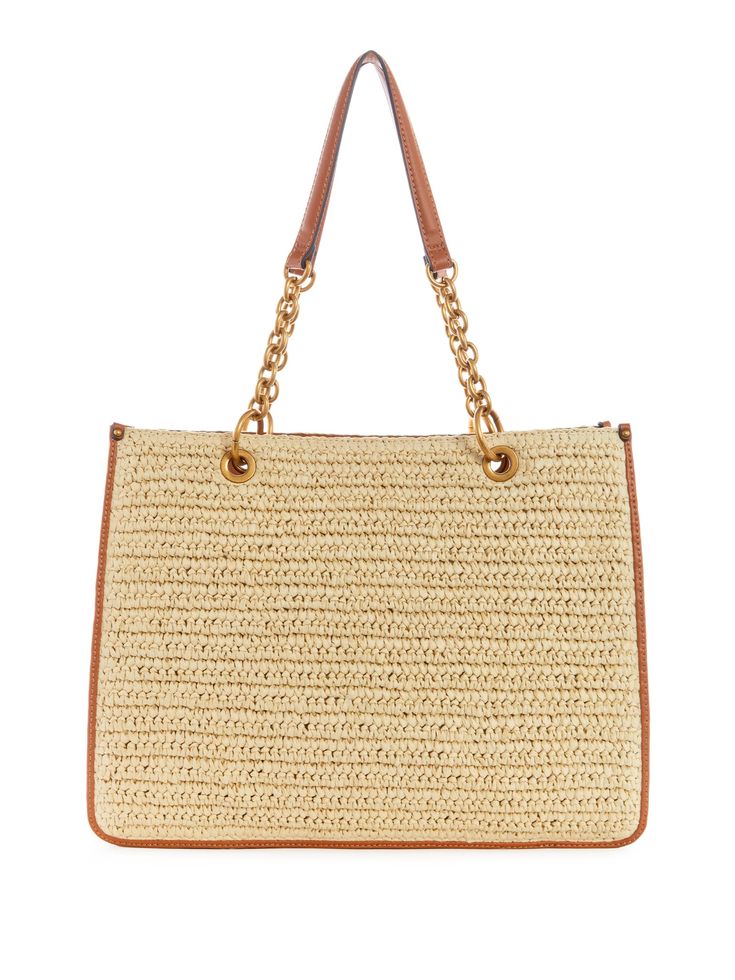 A spacious tote bag featuring chic straw panels and contrasting faux-leather trim. Designed with belted logo hardware and mixed-material shoulder straps. Luxury Leather Trim Bags For Vacation, Rectangular Straw Bag With Gold-tone Hardware For Shopping, Luxury Straw Bags With Gold-tone Hardware, Rectangular Straw Bag With Gold-tone Hardware, Natural Straw Bags With Gold-tone Hardware, Beige Straw Bag With Gold-tone Hardware For Shopping, Tan Straw Bag With Double Handle, Chic Tan Bag With Woven Leather, Natural Bags With Gold-tone Hardware For Shopping