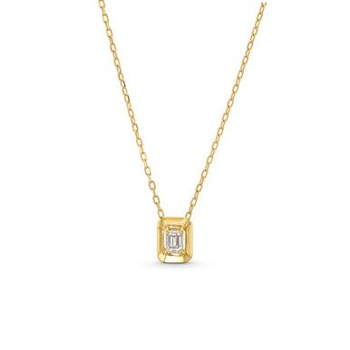 This Emerald Gold Frame Solitaire Pendant Necklace features an emerald cut diamond totaling approximately 0.21 carats framed in 18K yellow gold. 14k Gold Emerald Cut Solitaire Necklace, Timeless 14k Gold Emerald Cut Solitaire Necklace, Emerald Cut Solitaire Necklace In 14k Gold, 14k Gold Necklace With Emerald Cut Diamond Accents, Timeless 14k Gold Emerald-cut Necklace, 14k Yellow Gold Emerald-cut Solitaire Necklace, 14k Yellow Gold Emerald-cut Diamond Necklace, Timeless Gold Solitaire Necklace With Emerald Cut, 14k Gold Solitaire Necklace With Emerald Cut Diamond