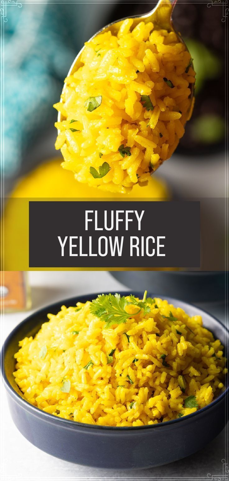 a spoon full of yellow rice with the words flupy yellow rice above it and below