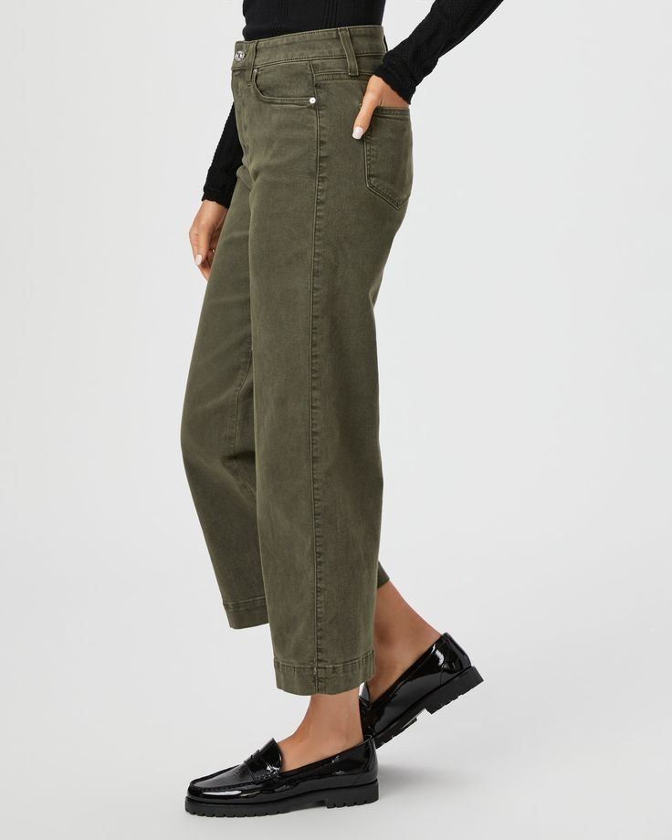 Anessa is our modern high-waisted wide leg with an easy, relaxed fit and an ankle-length silhouette for an effortlessly chic look. This pair comes in a dark vintage green shade and is crafted from comfort stretch denim with plenty of coverage and the perfect amount of stretch. | Anessa Wide Leg Jean - Vintage Bayou Green | Size 28 Olive Wide Leg Pants For Spring, Chic Olive Straight Leg Bottoms, Chic Green Cropped Leg Bottoms, Chic Green Cropped Bottoms, Green Wide-leg Workwear Jeans, Green Wide-leg Jeans For Workwear, Green Cropped Leg Jeans For Fall, Dark Vintage, Jean Vintage