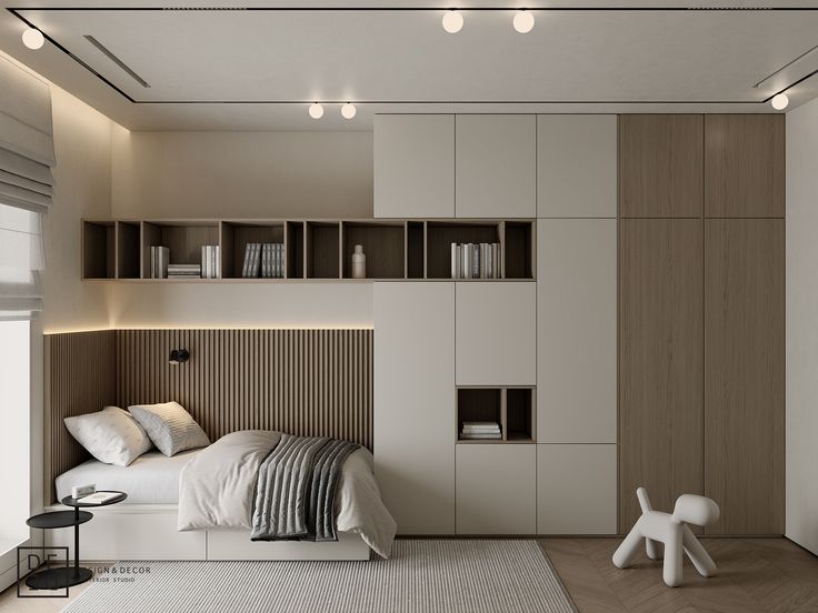 a modern bedroom with white and wood furniture, bookshelves on the wall and floor