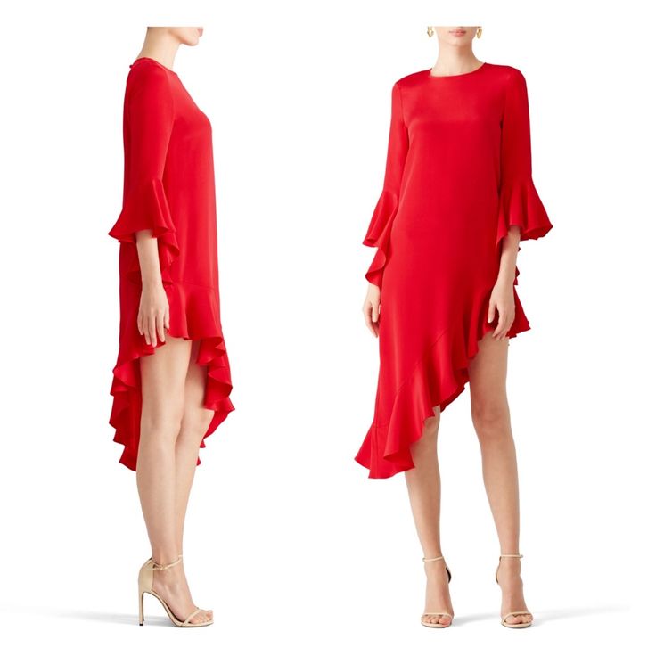 This Alexis Dress With An Edgy Asymmetrical Hem And Fun Bell Sleeves Gives Off Major Vintage Vibes. Red Crepe (100% Silk). ¾ Sleeves. Crew Neckline. Shift. Visible Top Button Closure. 34" From Shoulder To Shortest Part Of Hem. 54” From Shoulder To Longest Part Of Hem. Size: Xs Approx. Measurements: Pit-To-Pit: 17.5” Waist: 34” Length: 31” / 48” (High/Low Hem) 100% Silk Brand New With Tags *Modeled Pics Are Stock Photos For Style Reference Thanks For Looking & Questions Welcomed Spring Cocktail Dress With High-low Hem, Red High-low Hem Dress For Spring, Red Asymmetrical Mini Dress For Formal Occasions, Red High-low Hem Summer Dress, Red Asymmetrical Formal Dress, Red Knee-length Asymmetrical Dress For Spring, Elegant High-low Hem Mini Dress For Evening, Elegant High-low Hem Evening Mini Dress, Red Midi Dress With Asymmetrical Hem For Evening