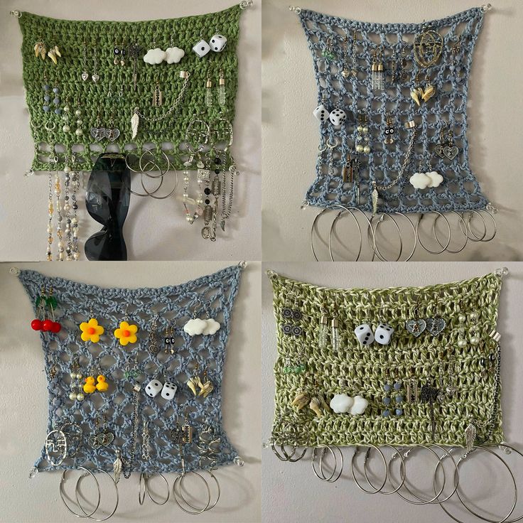 four different crocheted items are hanging on the wall, each with beads and flowers