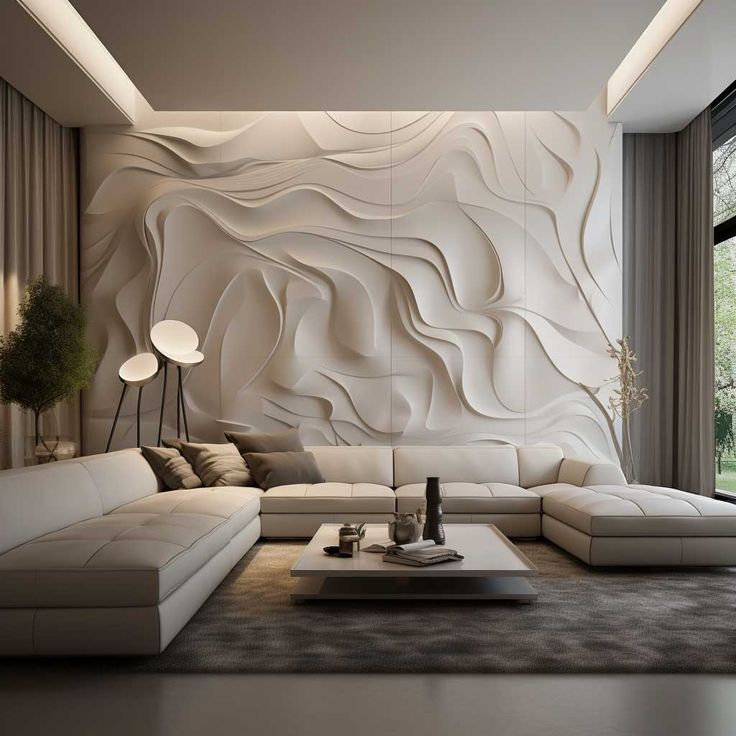 a modern living room with white furniture and large wall papered art work on the walls