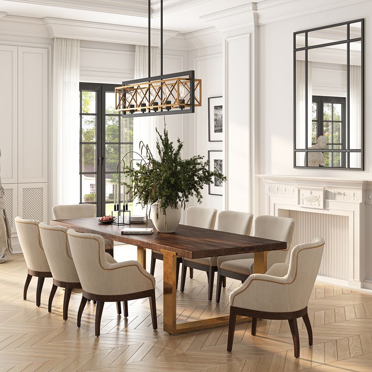 a dining room table with white chairs and a plant in the center surrounded by mirrors