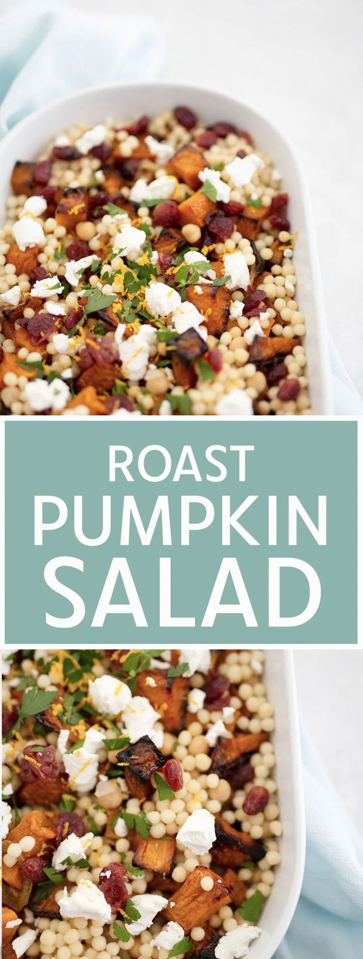 roasted pumpkin salad in a white dish with text overlay