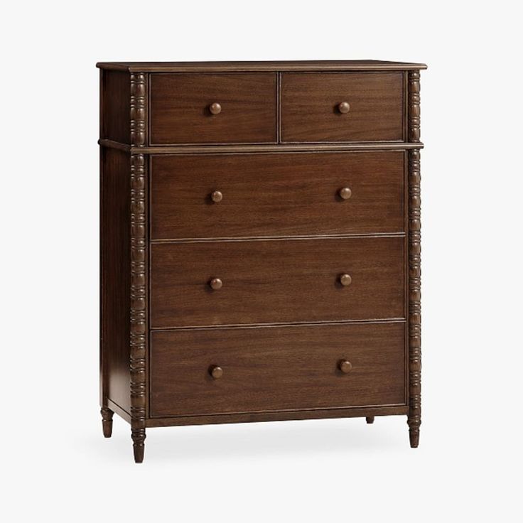 a wooden dresser with four drawers and two pulls on the bottom drawer, against a white background