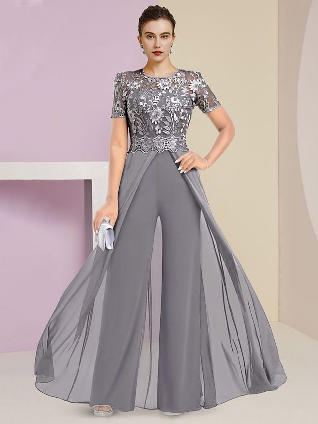 Jumpsuit / Pantsuit Mother of the Bride Dress Wedding Guest Elegant Jewel Neck Ankle Length Stretch Chiffon Short Sleeve with Lace Pleats 2024 2024 - $155.99 Bride Pantsuit, Brides Mom, Formal Wedding Guests, Two Piece Jumpsuit, Sequin Appliques, فستان سهرة, Mother Of The Bride Dress, Chiffon Lace, Homecoming Dress