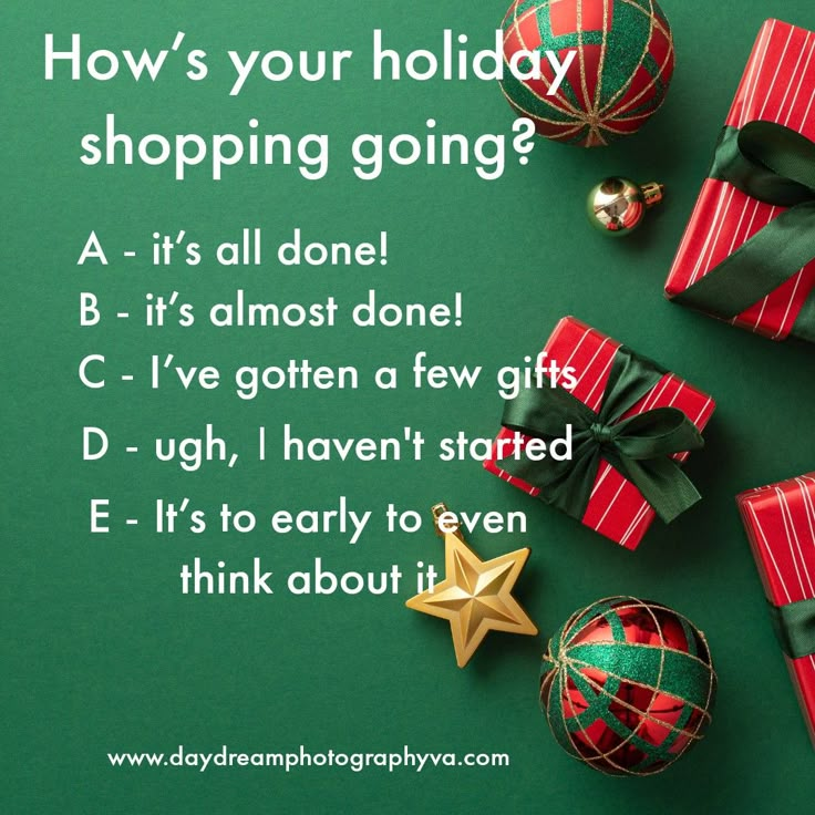 christmas presents with the words how's your holiday shopping going? on green background